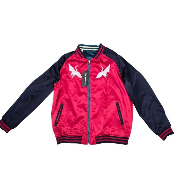 Reversible Satin Bomber Jacket U.S. Navy Seabees Embroidery & Cranes Design M - Picture 6 of 16